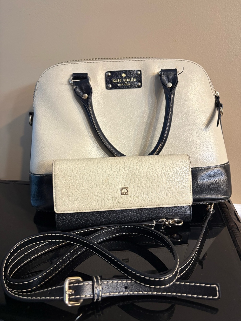 kate spade Cream and Black Pebbled Leather Dome Satchel with Wallet